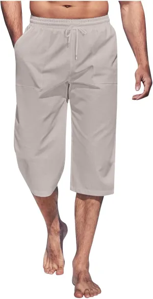 Solid Colour Elastic Waist Pants for Men Light Jogger Pants Casual Beach Pants Capri Pants Linen Relaxed Pants