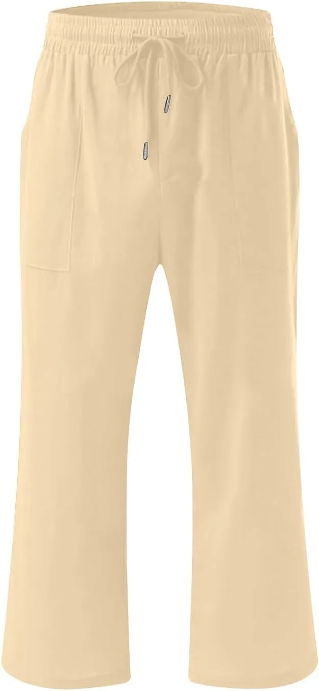 Solid Colour Elastic Waist Pants for Men Light Jogger Pants Casual Beach Pants Capri Pants Linen Relaxed Pants