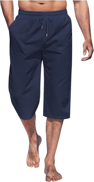 Solid Colour Elastic Waist Pants for Men Light Jogger Pants Casual Beach Pants Capri Pants Linen Relaxed Pants