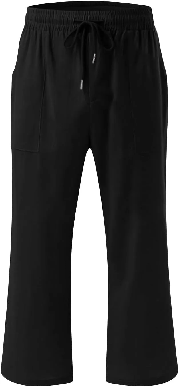Solid Colour Elastic Waist Pants for Men Light Jogger Pants Casual Beach Pants Capri Pants Linen Relaxed Pants
