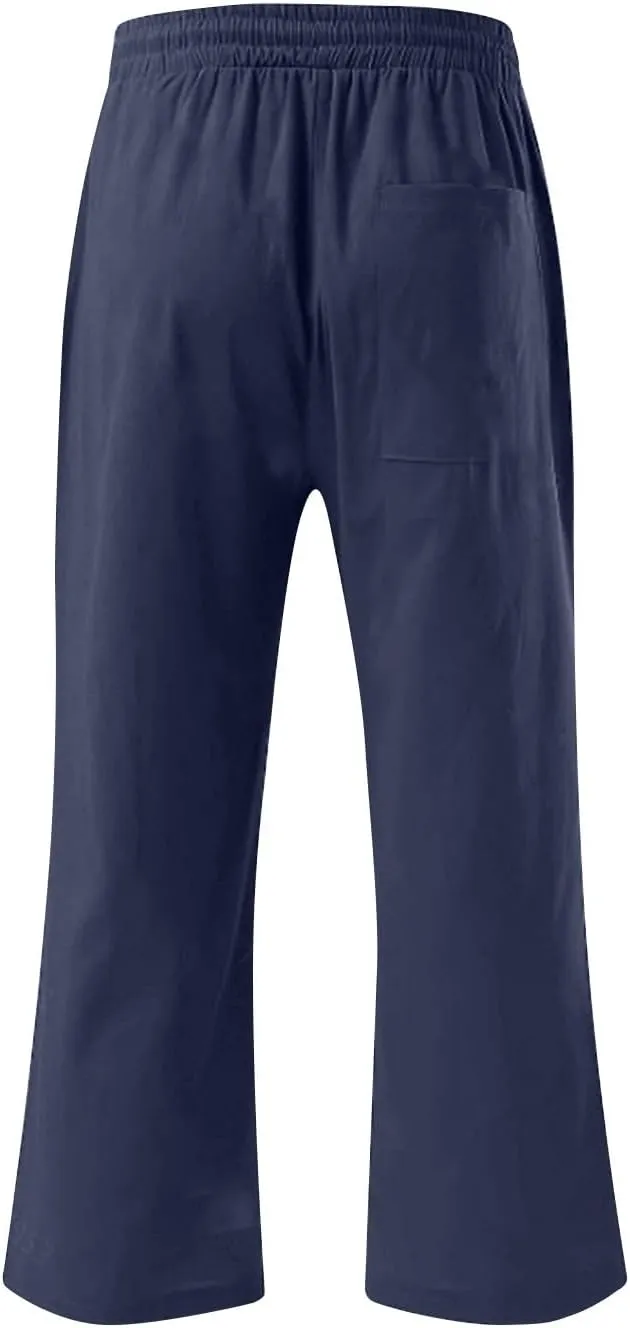 Solid Colour Elastic Waist Pants for Men Light Jogger Pants Casual Beach Pants Capri Pants Linen Relaxed Pants