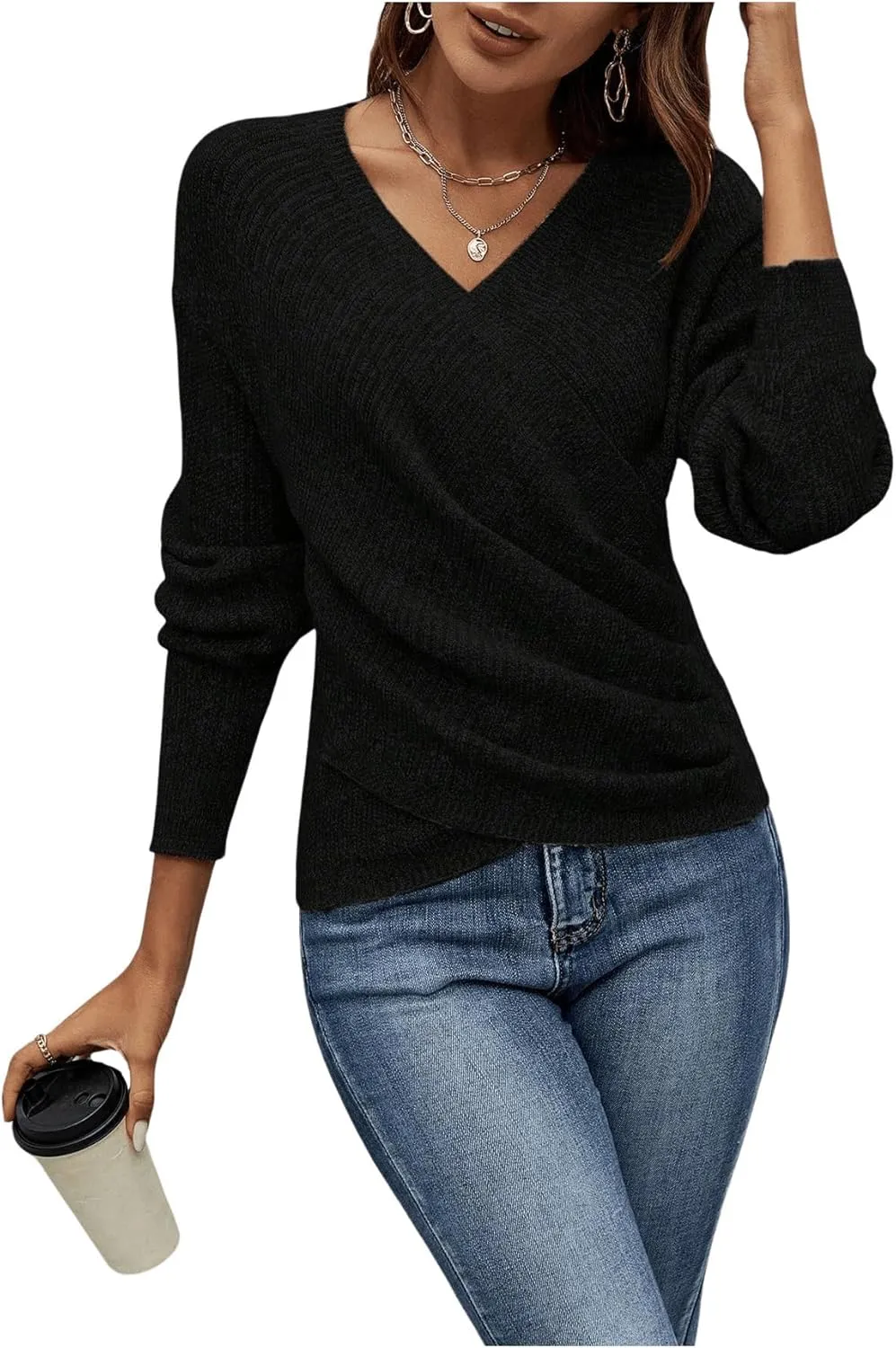 SOLY HUX Women's V Neck Long Sleeve Off Shoulder Sweaters Criss Cross Wrap Ruched Pullover Fall Tops