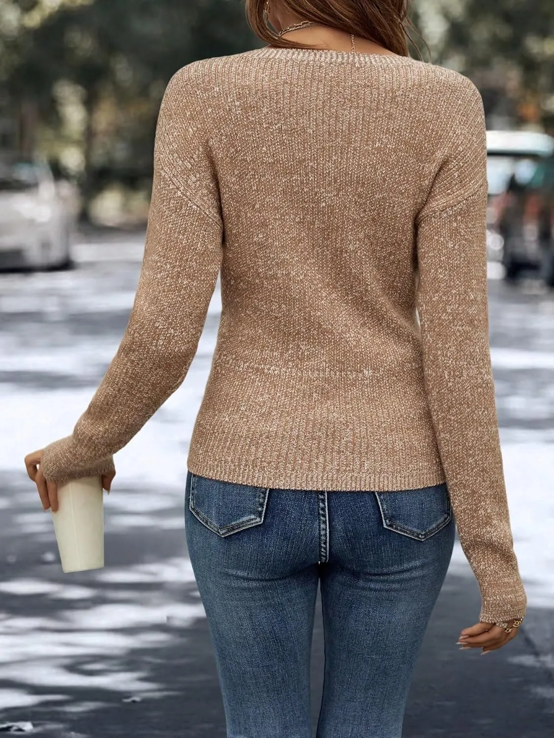 SOLY HUX Women's V Neck Long Sleeve Off Shoulder Sweaters Criss Cross Wrap Ruched Pullover Fall Tops