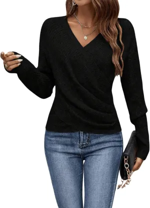 SOLY HUX Women's V Neck Long Sleeve Off Shoulder Sweaters Criss Cross Wrap Ruched Pullover Fall Tops