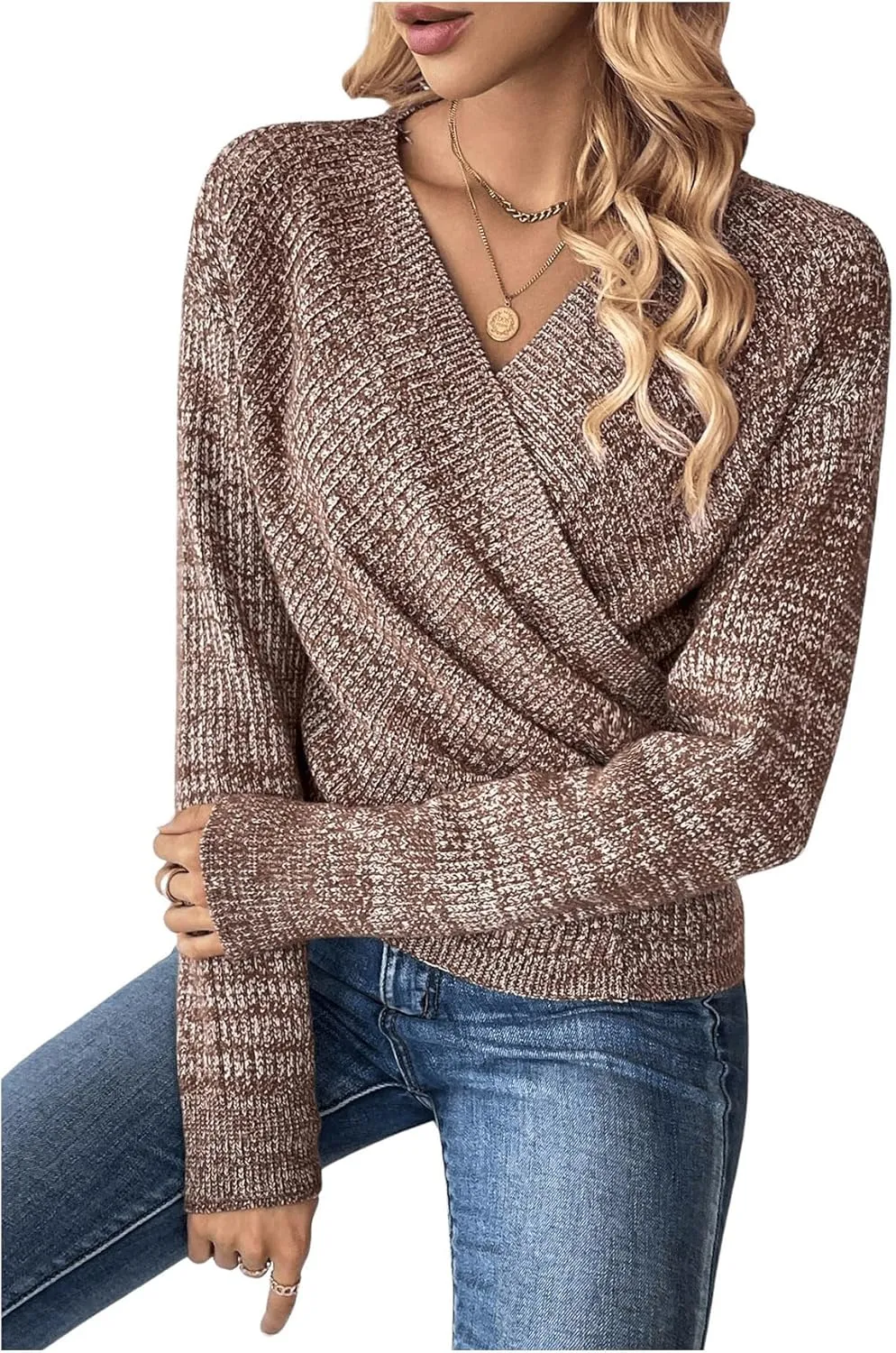 SOLY HUX Women's V Neck Long Sleeve Off Shoulder Sweaters Criss Cross Wrap Ruched Pullover Fall Tops