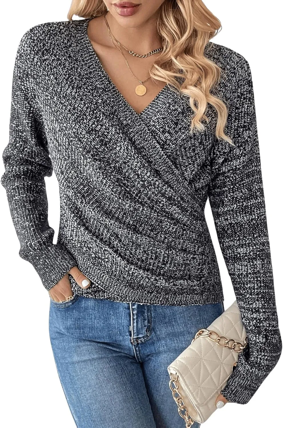 SOLY HUX Women's V Neck Long Sleeve Off Shoulder Sweaters Criss Cross Wrap Ruched Pullover Fall Tops