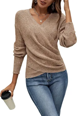 SOLY HUX Women's V Neck Long Sleeve Off Shoulder Sweaters Criss Cross Wrap Ruched Pullover Fall Tops