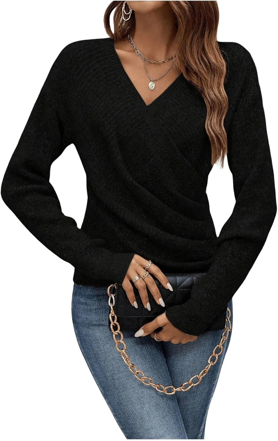 SOLY HUX Women's V Neck Long Sleeve Off Shoulder Sweaters Criss Cross Wrap Ruched Pullover Fall Tops