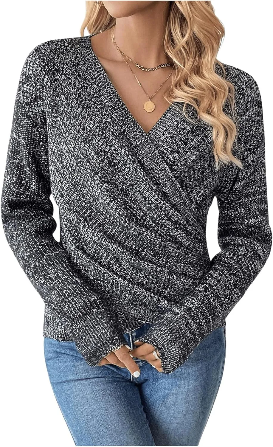 SOLY HUX Women's V Neck Long Sleeve Off Shoulder Sweaters Criss Cross Wrap Ruched Pullover Fall Tops