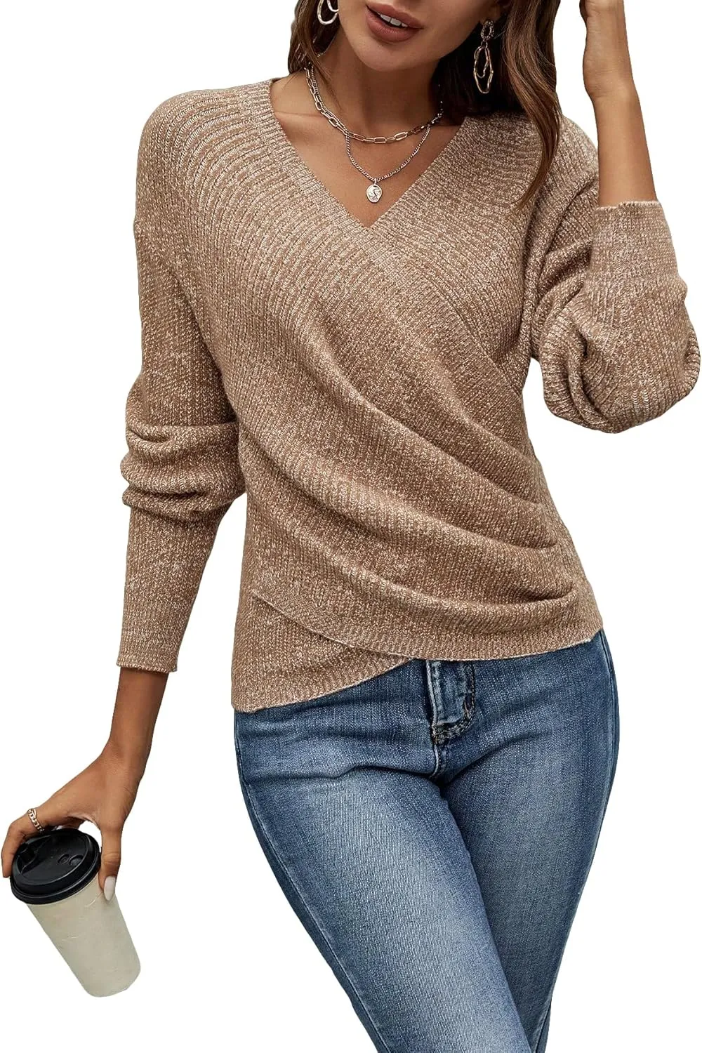 SOLY HUX Women's V Neck Long Sleeve Off Shoulder Sweaters Criss Cross Wrap Ruched Pullover Fall Tops
