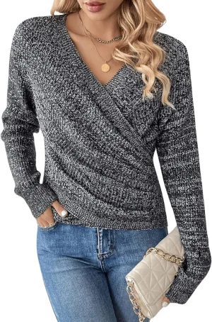 SOLY HUX Women's V Neck Long Sleeve Off Shoulder Sweaters Criss Cross Wrap Ruched Pullover Fall Tops