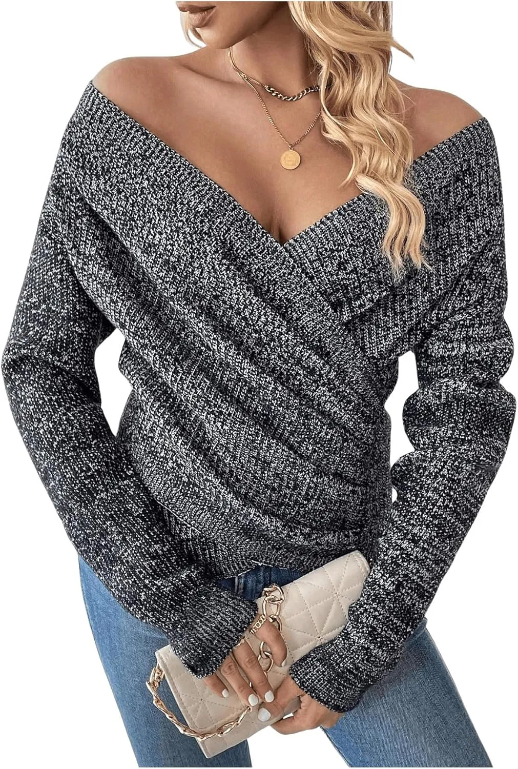SOLY HUX Women's V Neck Long Sleeve Off Shoulder Sweaters Criss Cross Wrap Ruched Pullover Fall Tops