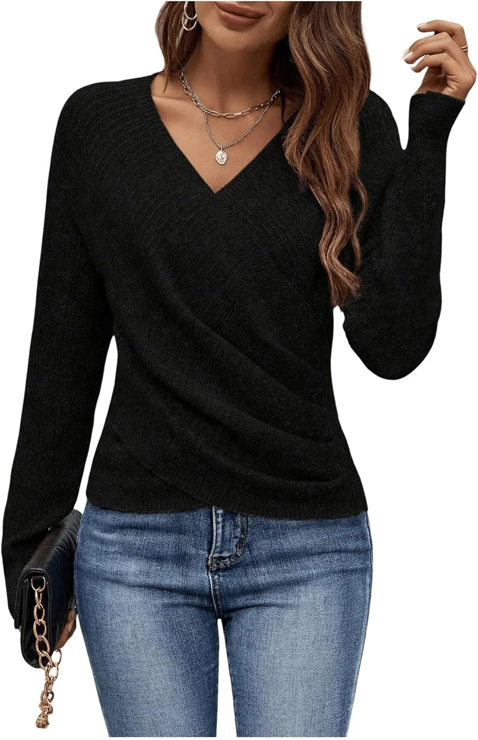 SOLY HUX Women's V Neck Long Sleeve Off Shoulder Sweaters Criss Cross Wrap Ruched Pullover Fall Tops