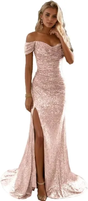 Sparkly Mermaid Prom Dresses for Women Long Bodycon Sequin Gowns Off Shoulder Glitter Evening Gowns with Slit