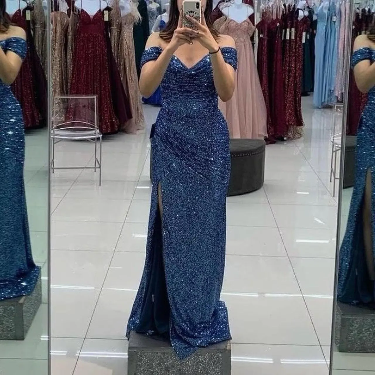 Sparkly Mermaid Prom Dresses for Women Long Bodycon Sequin Gowns Off Shoulder Glitter Evening Gowns with Slit