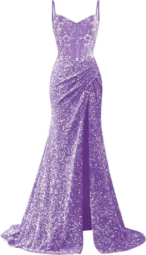 Sparkly Sequin Prom Dresses 2025 Long Mermaid Lace Applique Evening Dress Spaghetti Straps Pleated Formal Gown with Slit