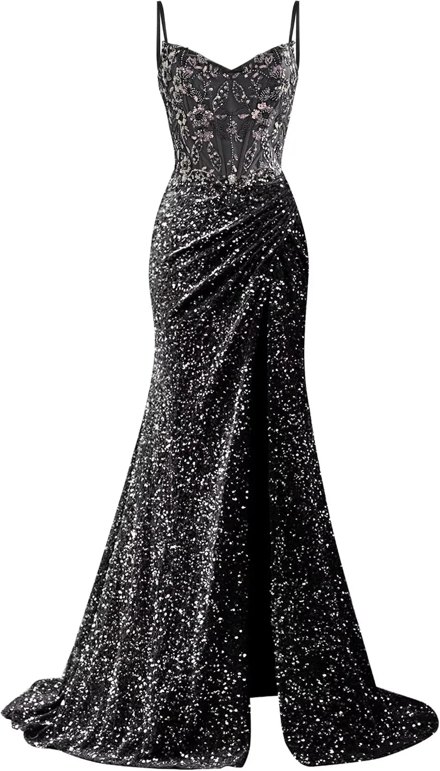 Sparkly Sequin Prom Dresses 2025 Long Mermaid Lace Applique Evening Dress Spaghetti Straps Pleated Formal Gown with Slit