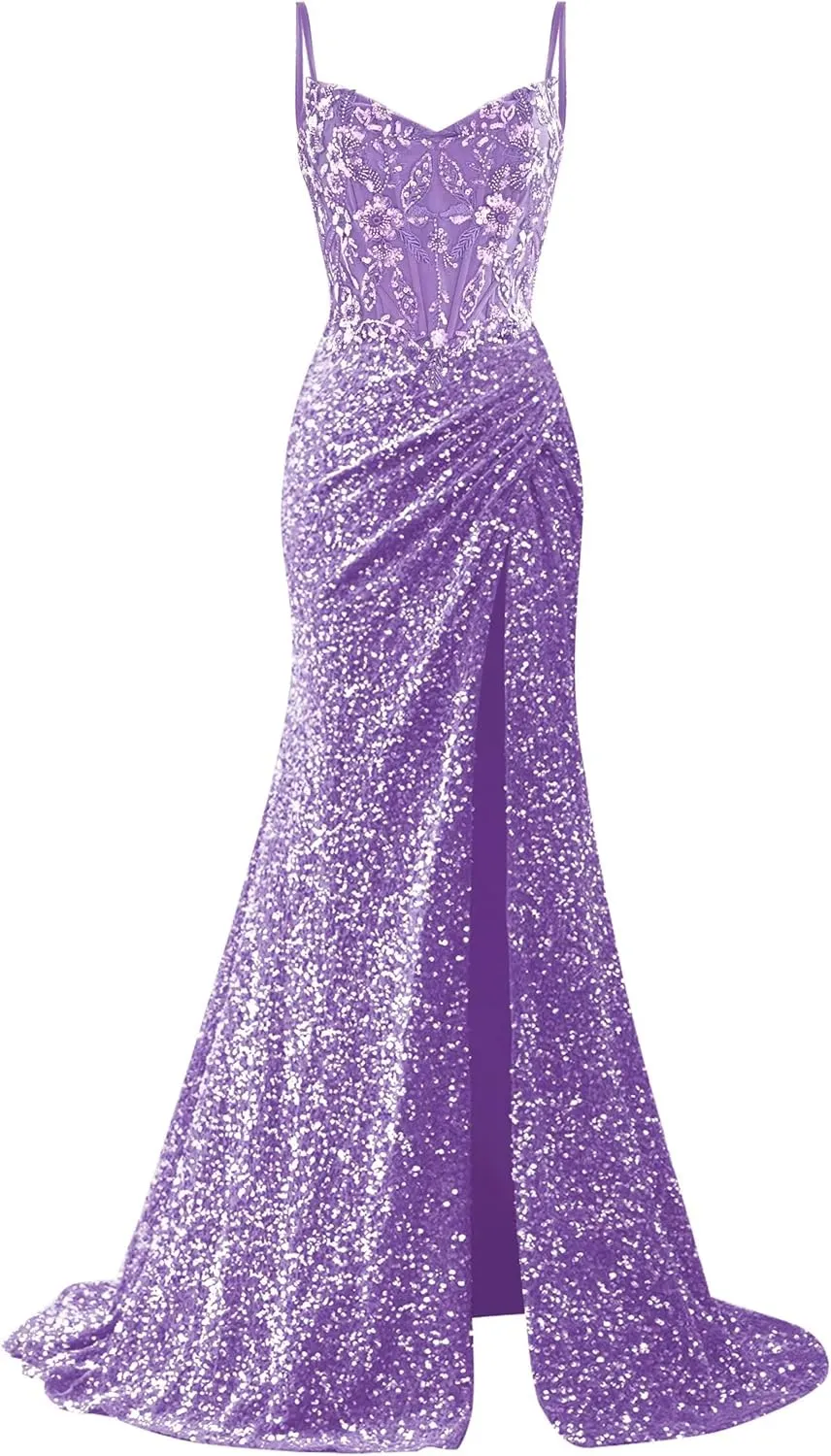 Sparkly Sequin Prom Dresses 2025 Long Mermaid Lace Applique Evening Dress Spaghetti Straps Pleated Formal Gown with Slit