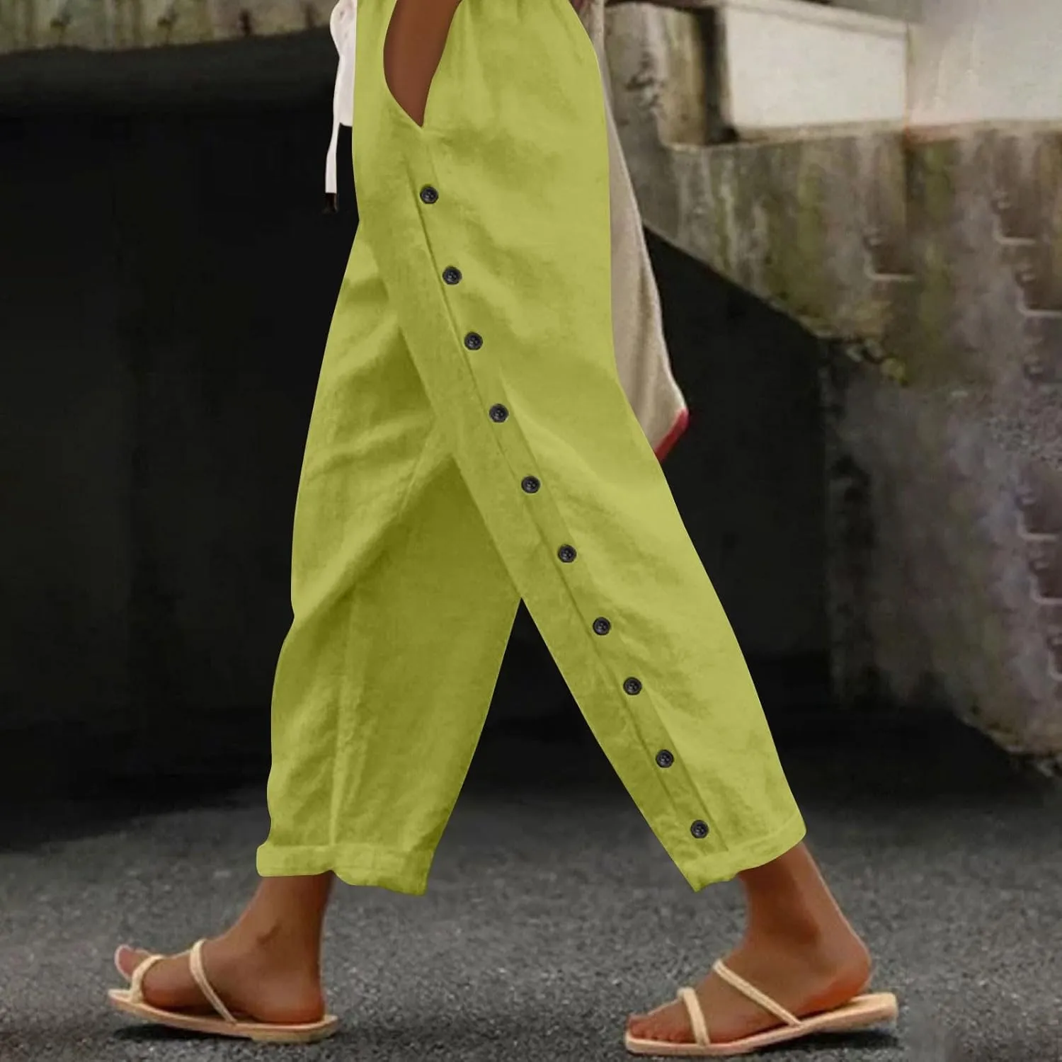 Striped Linen Pants Women Summer Casual Side Button Drawstring Pants Lightweight Boho Beach Pants Comfy Work Pants