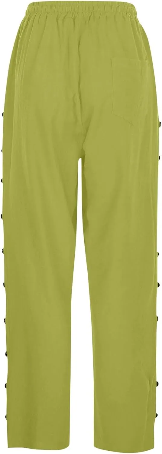 Striped Linen Pants Women Summer Casual Side Button Drawstring Pants Lightweight Boho Beach Pants Comfy Work Pants