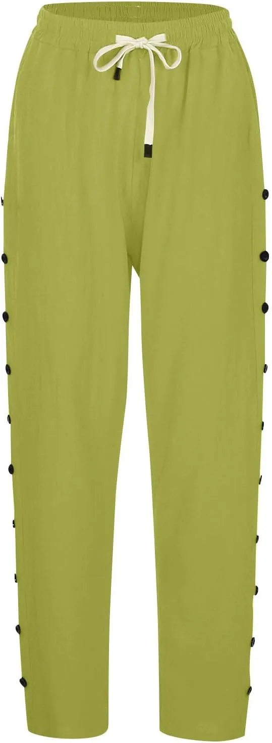 Striped Linen Pants Women Summer Casual Side Button Drawstring Pants Lightweight Boho Beach Pants Comfy Work Pants