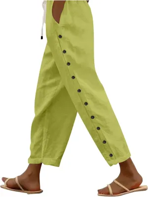 Striped Linen Pants Women Summer Casual Side Button Drawstring Pants Lightweight Boho Beach Pants Comfy Work Pants