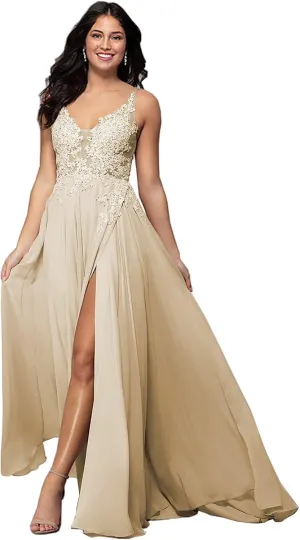 Sukleet Women's V Neck Lace Appliqued Prom Dresses A-line High Slit Formal Evening Party Gowns