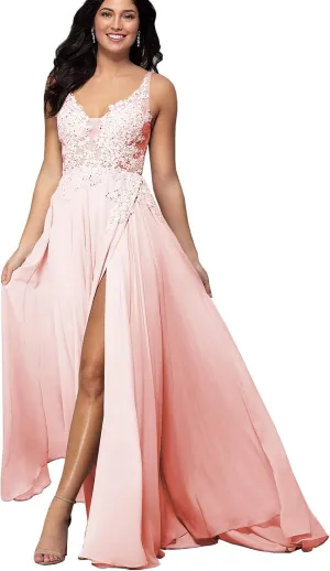 Sukleet Women's V Neck Lace Appliqued Prom Dresses A-line High Slit Formal Evening Party Gowns