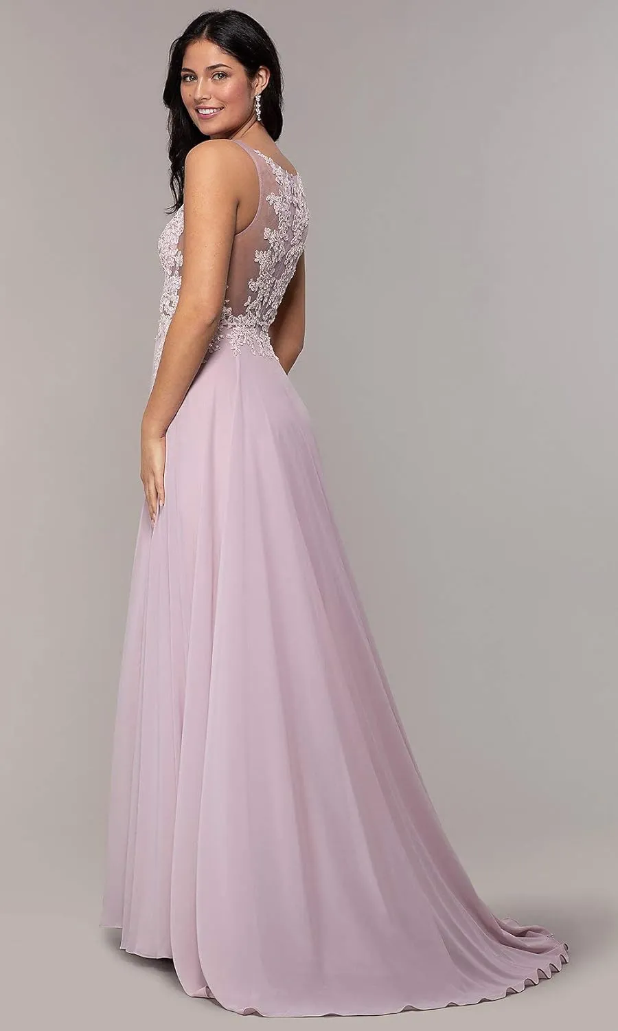 Sukleet Women's V Neck Lace Appliqued Prom Dresses A-line High Slit Formal Evening Party Gowns