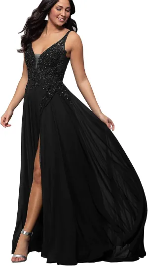 Sukleet Women's V Neck Lace Appliqued Prom Dresses A-line High Slit Formal Evening Party Gowns