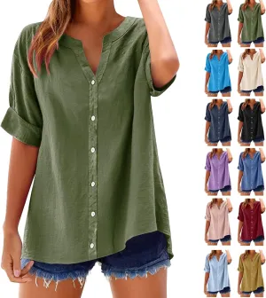 Summer Linen Work Tops for Women Trendy Button Down Plus Size V Neck Boho Clothes Spring Tops for Women 2025 Fashion