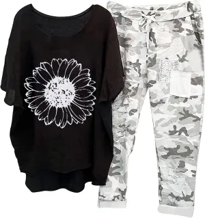 Summer Lounge Sets for Women 2 Piece Vacation Outfits Oversized Half Sleeve Linen Shirts Tops with Camouflage Pants