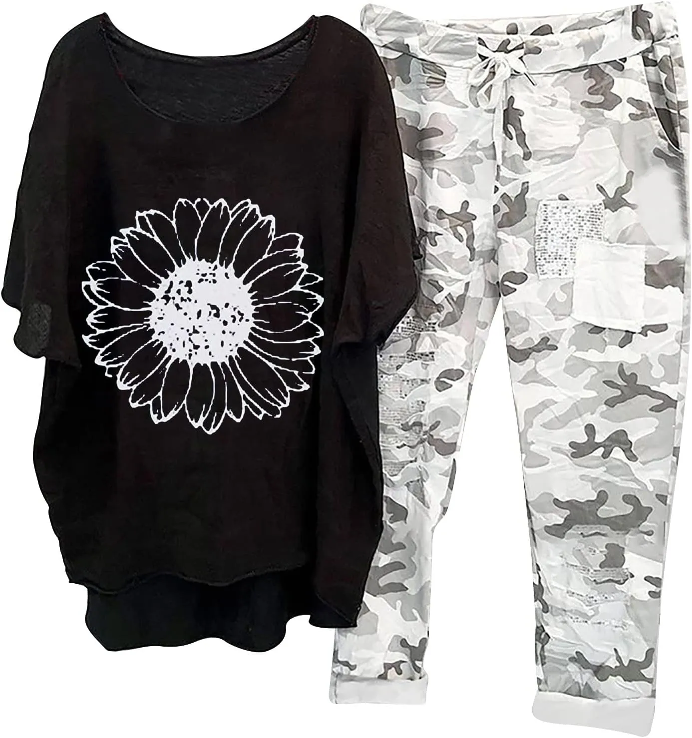 Summer Lounge Sets for Women 2 Piece Vacation Outfits Oversized Half Sleeve Linen Shirts Tops with Camouflage Pants