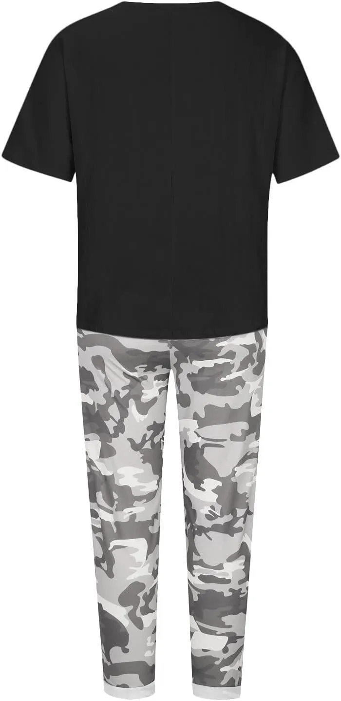 Summer Lounge Sets for Women 2 Piece Vacation Outfits Oversized Half Sleeve Linen Shirts Tops with Camouflage Pants