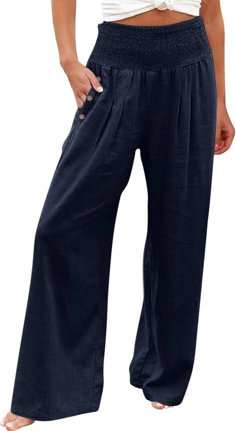 Summer Pants for Women 2024 Wide Leg Pants High Waisted Palazzo Pants Loose Flowy Pants Boho Beach Pants with Pockets