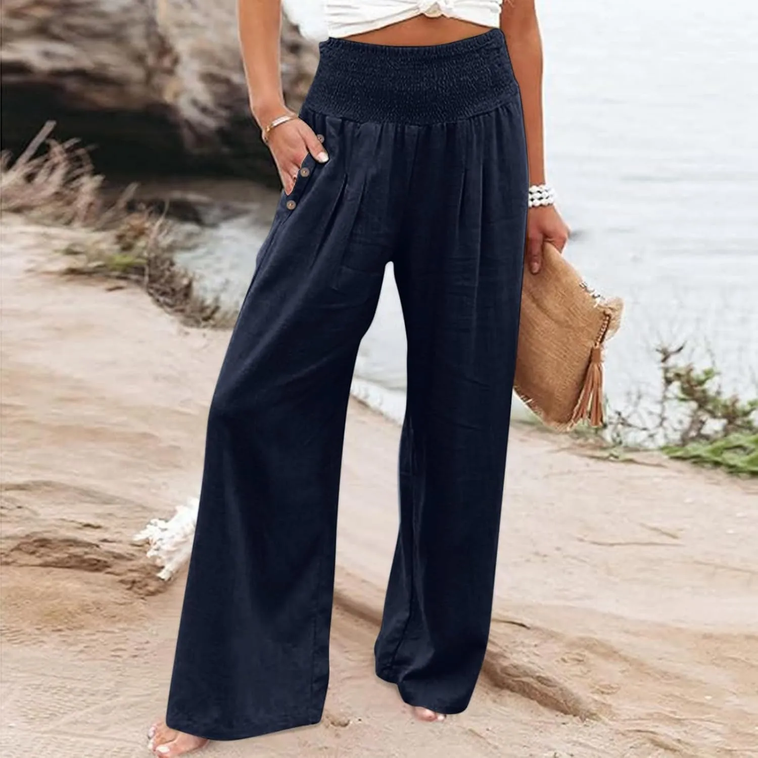 Summer Pants for Women 2024 Wide Leg Pants High Waisted Palazzo Pants Loose Flowy Pants Boho Beach Pants with Pockets