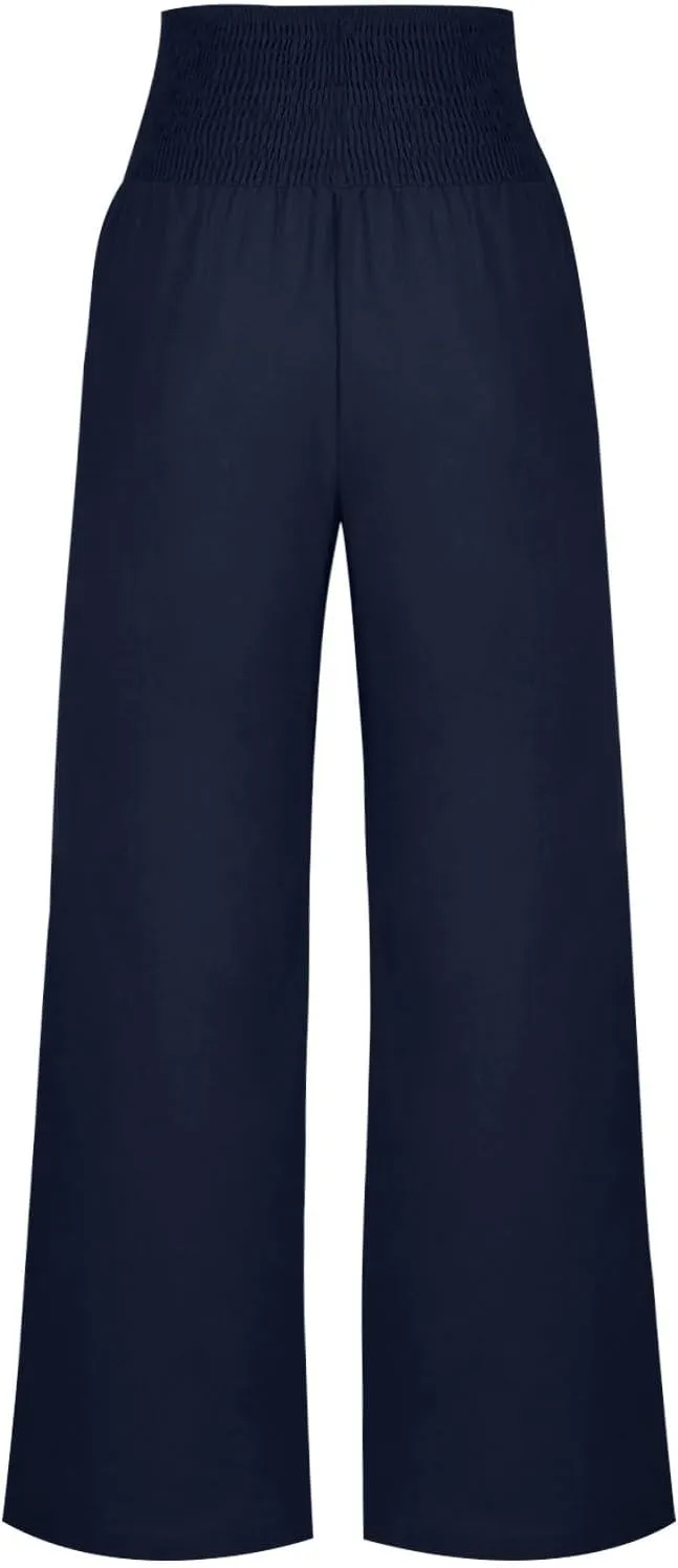 Summer Pants for Women 2024 Wide Leg Pants High Waisted Palazzo Pants Loose Flowy Pants Boho Beach Pants with Pockets