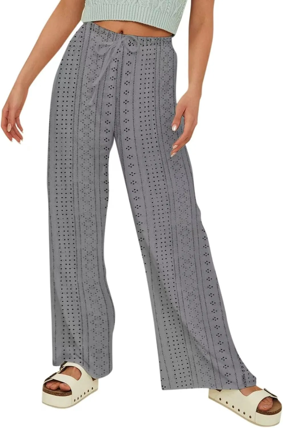 Summer Pants for Women Eyelet Linen Pants Loose Fit Straight Leg Pants Casual Elastic Waist Pants Baggy Beach Pants