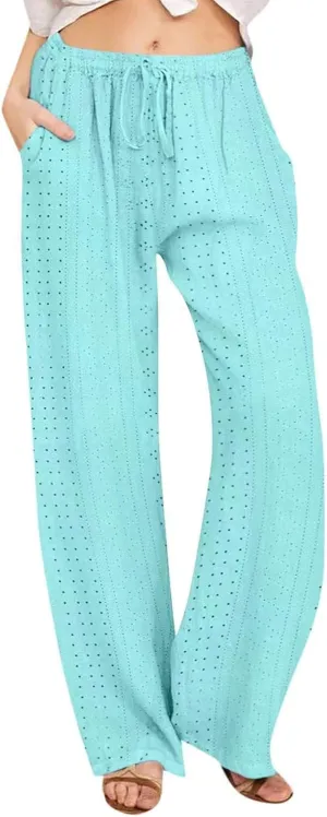 Summer Pants for Women Eyelet Linen Pants Loose Fit Straight Leg Pants Casual Elastic Waist Pants Baggy Beach Pants