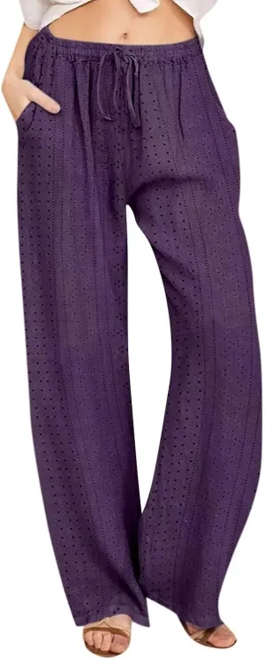 Summer Pants for Women Eyelet Linen Pants Loose Fit Straight Leg Pants Casual Elastic Waist Pants Baggy Beach Pants