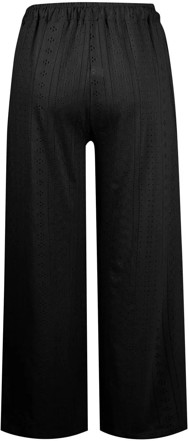 Summer Pants for Women Eyelet Linen Pants Loose Fit Straight Leg Pants Casual Elastic Waist Pants Baggy Beach Pants