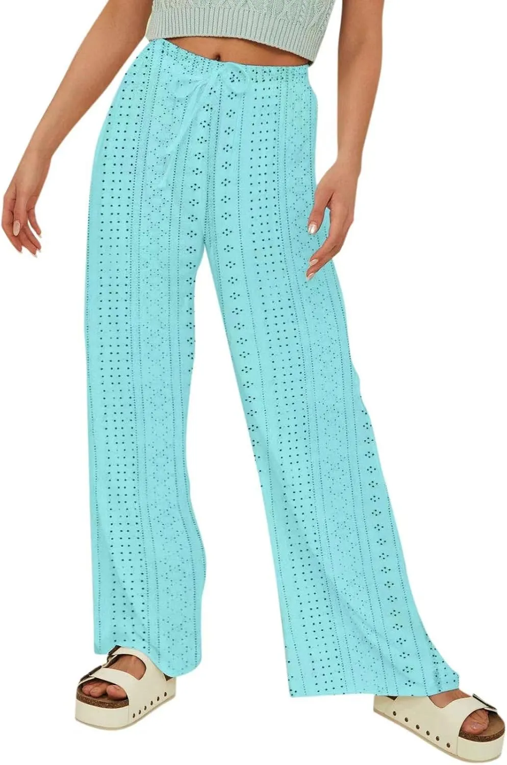 Summer Pants for Women Eyelet Linen Pants Loose Fit Straight Leg Pants Casual Elastic Waist Pants Baggy Beach Pants