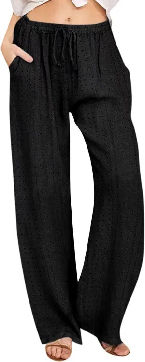 Summer Pants for Women Eyelet Linen Pants Loose Fit Straight Leg Pants Casual Elastic Waist Pants Baggy Beach Pants