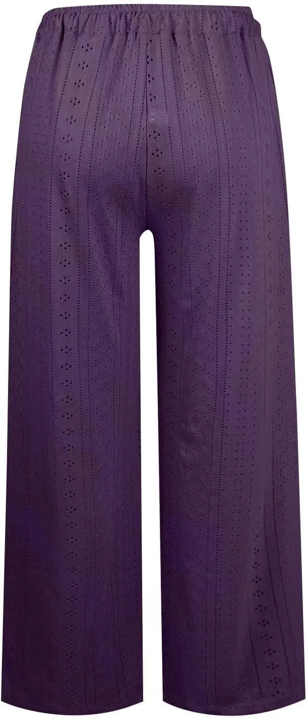 Summer Pants for Women Eyelet Linen Pants Loose Fit Straight Leg Pants Casual Elastic Waist Pants Baggy Beach Pants
