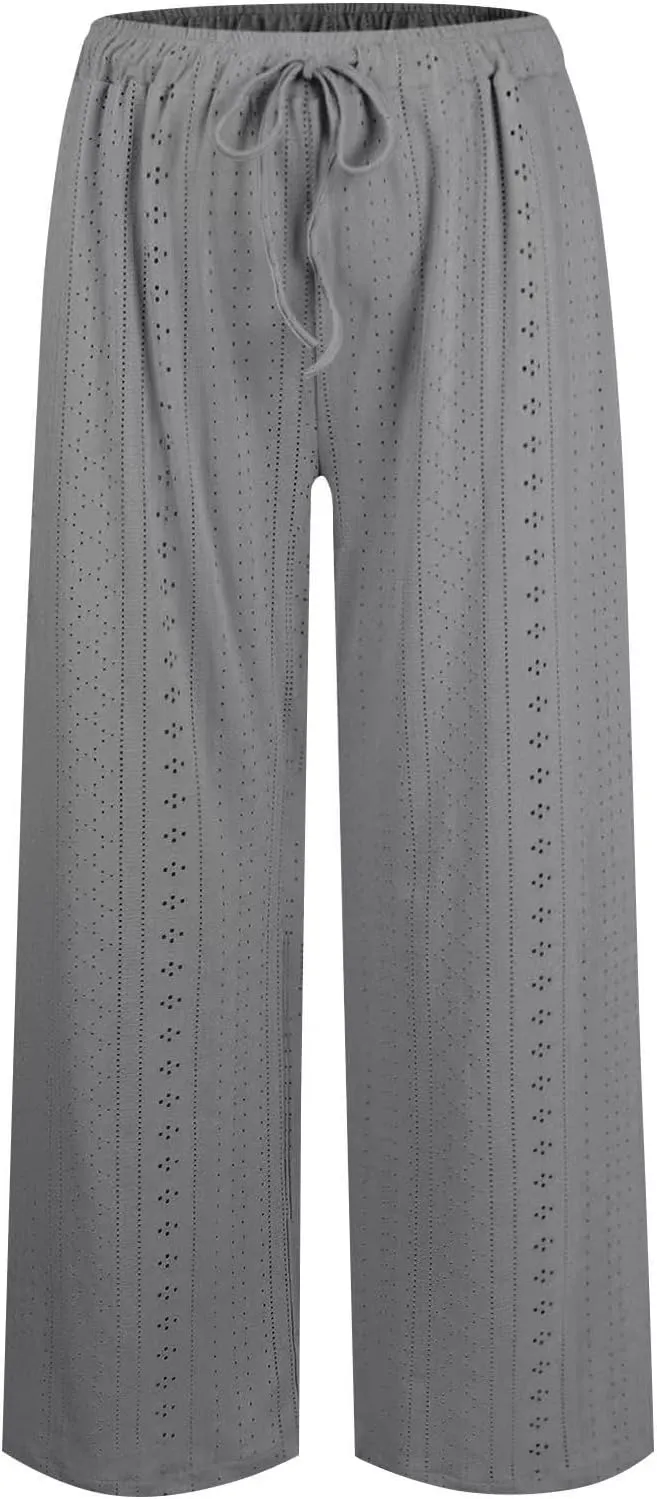 Summer Pants for Women Eyelet Linen Pants Loose Fit Straight Leg Pants Casual Elastic Waist Pants Baggy Beach Pants