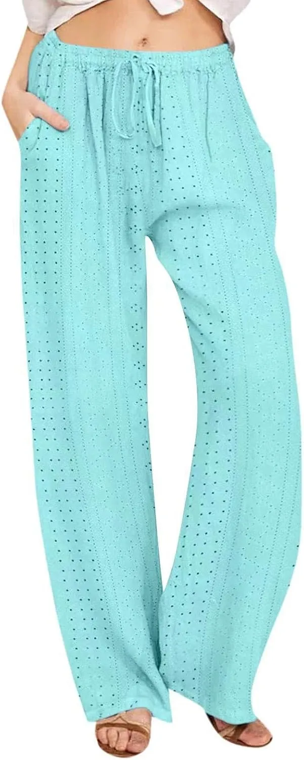 Summer Pants for Women Eyelet Linen Pants Loose Fit Straight Leg Pants Casual Elastic Waist Pants Baggy Beach Pants