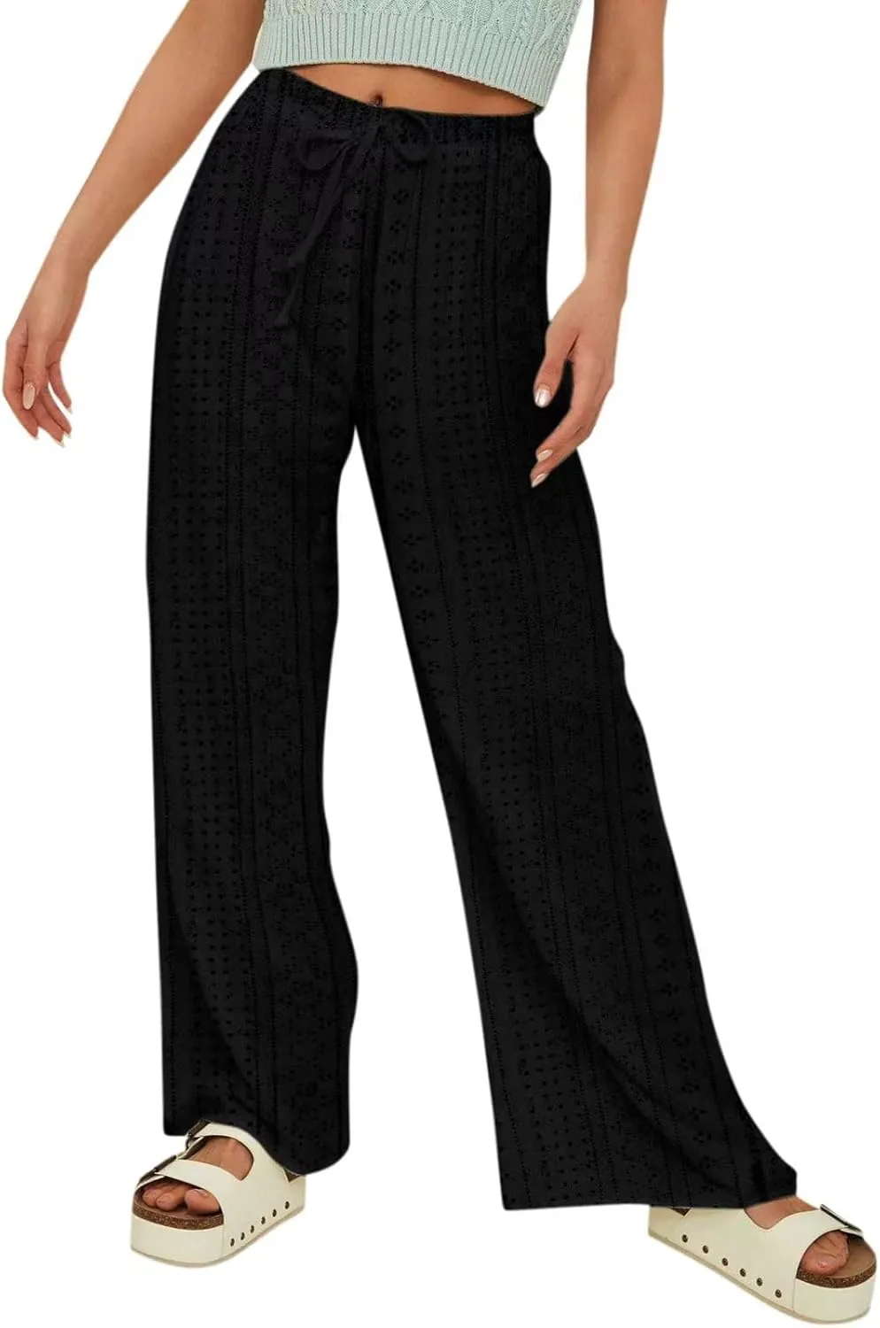Summer Pants for Women Eyelet Linen Pants Loose Fit Straight Leg Pants Casual Elastic Waist Pants Baggy Beach Pants
