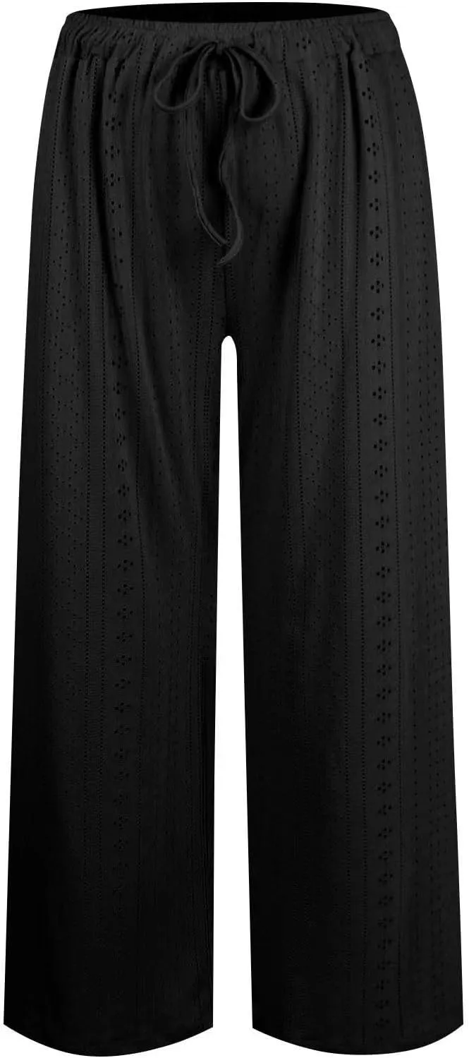 Summer Pants for Women Eyelet Linen Pants Loose Fit Straight Leg Pants Casual Elastic Waist Pants Baggy Beach Pants