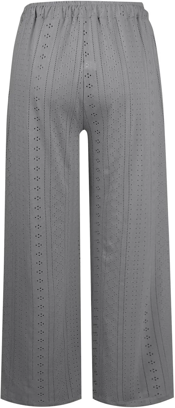 Summer Pants for Women Eyelet Linen Pants Loose Fit Straight Leg Pants Casual Elastic Waist Pants Baggy Beach Pants
