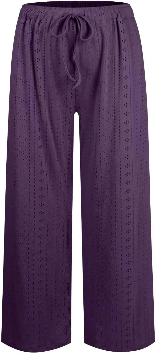 Summer Pants for Women Eyelet Linen Pants Loose Fit Straight Leg Pants Casual Elastic Waist Pants Baggy Beach Pants